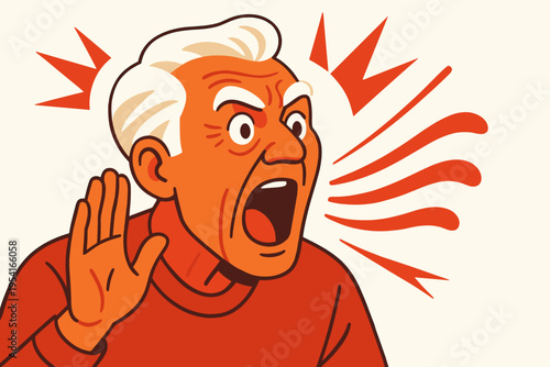 Angry senior man yelling and holding hand to ear, expressing frustration and loud communication