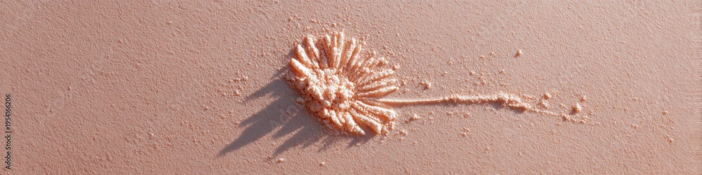 Obraz premium Soft coral blush smear on textured pink surface with sunburst trailing streak, delicate cosmetic powder mark and subtle shadow play evoking warmth and minimal beauty detail