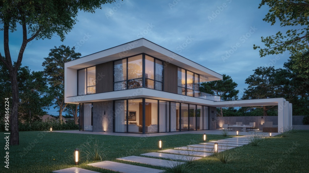 Fototapeta premium A modern two-story house with a well-manicured lawn and pathway lights at dusk
