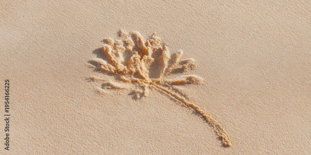 Fototapeta premium Sandy flower imprint with stem on beige beach sand detailed petal texture warm sunlight coastal calm scene