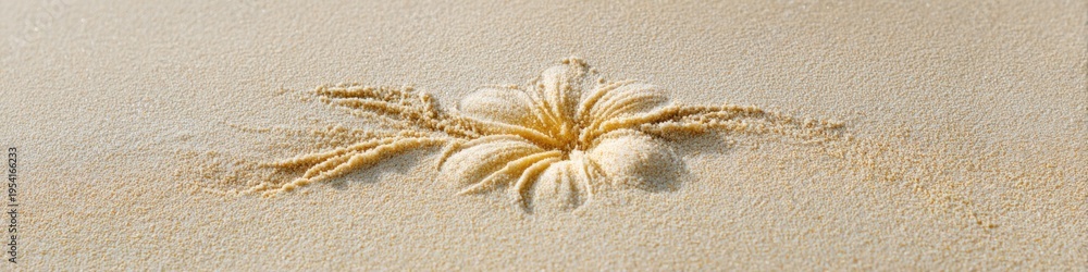 Fototapeta premium Delicate sand flower pattern plumeria petals radiant center coastal relief design on smooth sandy shore warm light