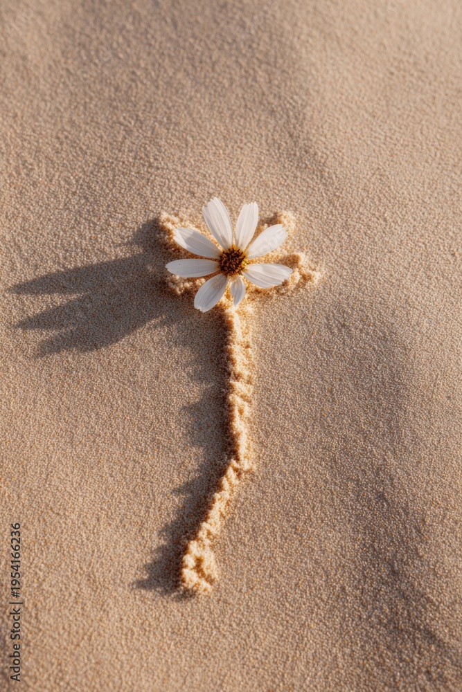 Fototapeta premium White daisy in sand with textured stem and long shadow minimal beach composition natural floral art warm golden light