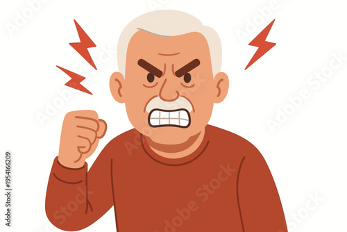 Angry elderly man with clenched fist and lightning bolts symbolizing rage and frustration