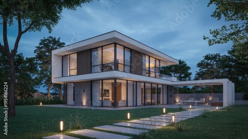 A modern two-story house with a well-manicured lawn and pathway lights at dusk