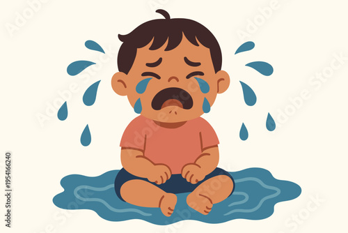 Cute cartoon baby boy sitting and crying with tears and water splashes