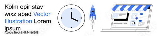 Online business, e-commerce, productivity, time management, startup, digital marketing. Clock icon, rocket and digital storefront. E-commerce and productivity