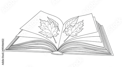 Open book with autumn leaves placed between the pages illustrated in a detailed line art style on white background.