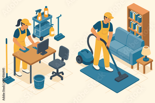 Professional cleaning staff managing tasks in an office and living room