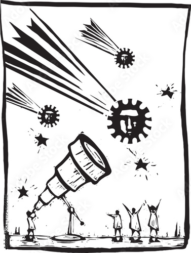 Woodcut style of people watching comets through a telescope that look like covid pandemic spores
