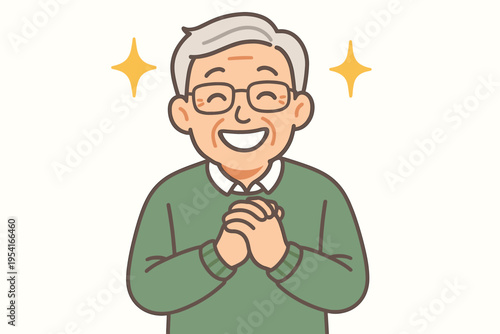 Joyful elderly man with glasses and sparkling stars, expressing happiness and gratitude