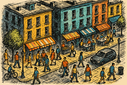 Vibrant city street scene with diverse people walking and dining outdoors