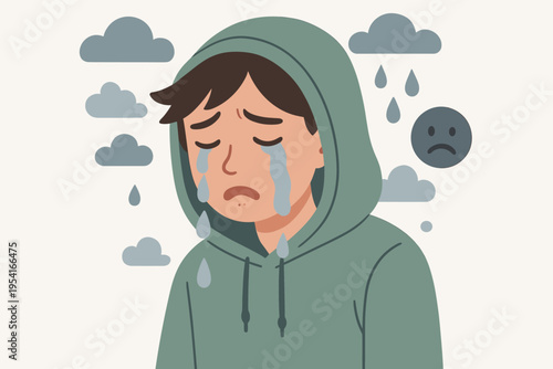 Sad young person in a hoodie crying with rain clouds and a sad face icon