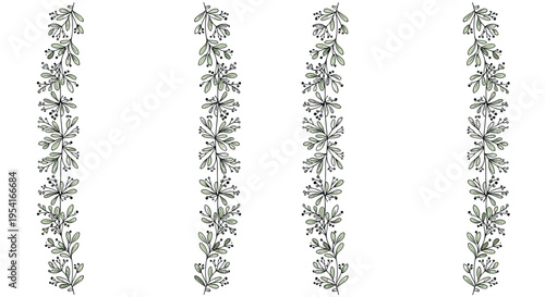Elegant vertical border pattern consisting of delicate green leaves and small berries repeated across a white space.