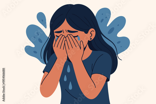Illustration of a young girl crying and covering her face with her hands