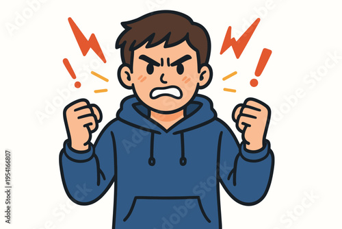 Angry young man with clenched fists and lightning bolts, expressing frustration and rage