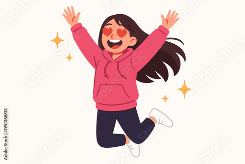 Excited girl with heart eyes jumping with joy and hands raised in celebration