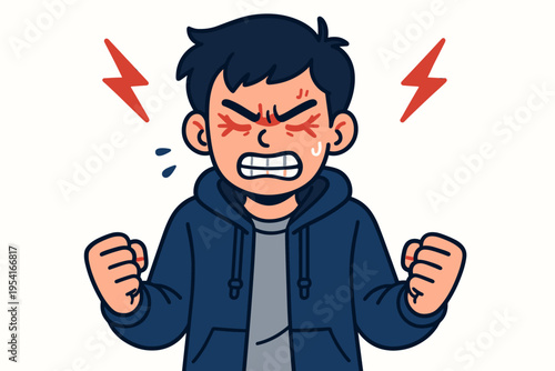 Cartoon boy expressing extreme anger with clenched fists and red eyes, lightning bolts symbolizing fury