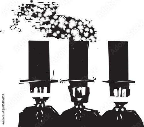 Woodcut style Maskless Man spreading covid among the bankers