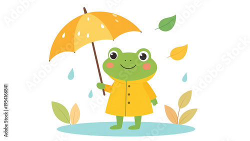 Smiling frog in yellow raincoat holding leaf umbrella, Hello Spring weather and nature exploration concept, flat colorful vector illustration
