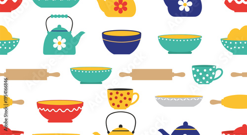 Delightful kitchenware pattern including colorful kettles bowls and rolling pins arranged in a fun seamless wallpaper.