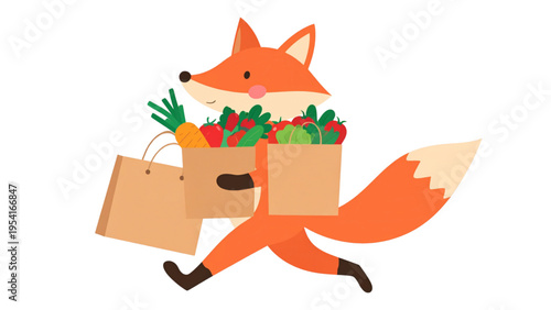 Cute cartoon fox character running happily with grocery bags of fresh vegetables, adorable animal lifestyle flat vector illustration