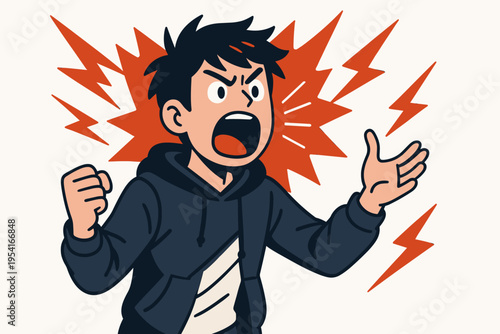 Angry young man shouting and gesturing with fists and open hands, surrounded by red lightning bolts