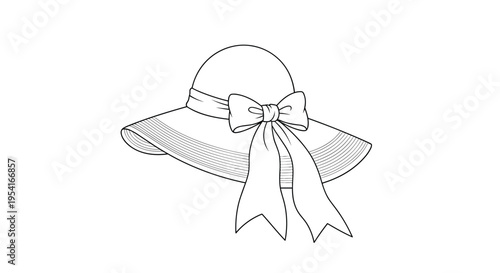 Classic women's sun hat with a wide brim and an elegant ribbon bow designed in a simple black and white line art style.