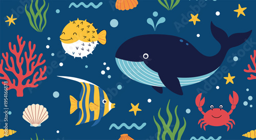 Cute underwater ocean life pattern featuring a friendly whale pufferfish crab and colorful coral on a dark blue sea.