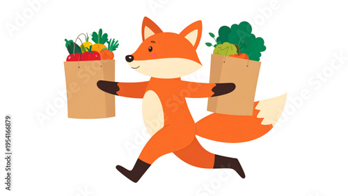 Cute cartoon fox character running happily with grocery bags of fresh vegetables, adorable animal lifestyle flat vector illustration