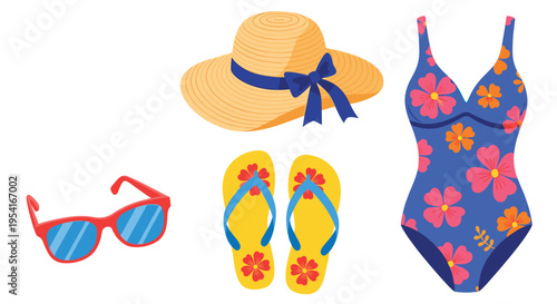 Summer beach vacation essentials including a straw hat sunglasses flip-flops and a blue floral one-piece swimsuit.