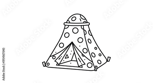 Playful teepee tent illustration decorated with a large polka dot pattern in a simple black and white line art style.