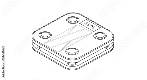Technical isometric drawing of a square industrial component with four mounting holes and a central logo design.