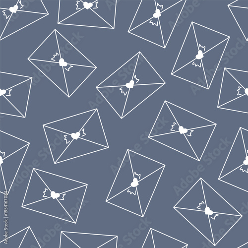 Envelopes with heart seals arranged diagonally. Seamless vector pattern in minimal line doodle style, perfect for textiles, wrapping paper, stationery, print design, wallpapers, postcards