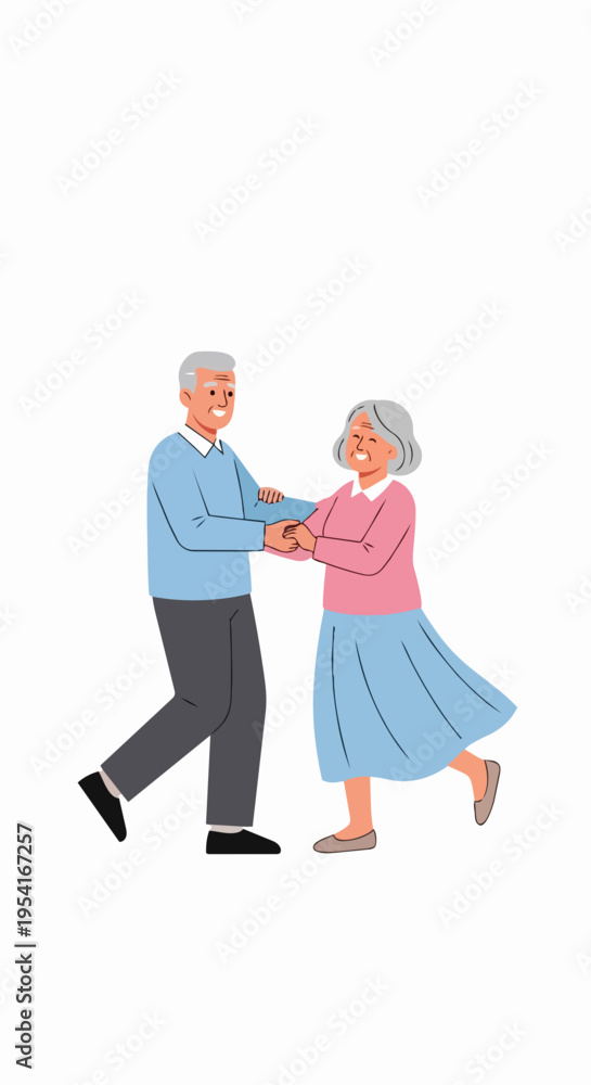 Obraz premium Elderly couple dancing cheerfully, holding hands and smiling. Senior man and woman embody joy, celebrating active lifestyle, showing companionship.