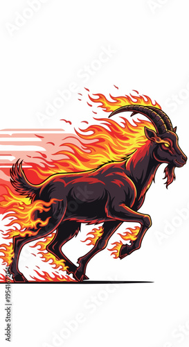 Dynamic illustration of fire goat running fast with fiery tail. Dark horned creature, covered in blazing flames, moves rapidly, leaving burning trail. Powerful fire goat concept for gaming, branding,