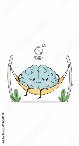 Cartoon brain enjoying digital detox in cozy hammock, symbolizing peaceful rest. Relaxing brain illustration with closed eyes, surrounded by nature elements, representing much needed digital detox.