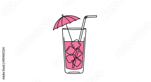 Refreshing pink tropical drink in a tall glass filled with ice cubes a flexible straw and a small paper umbrella.