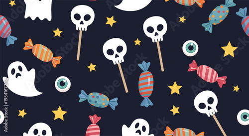 Spooky Halloween pattern with cartoon ghosts skulls eyeballs and candies on a dark starry night background.