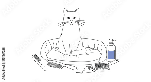 Cute white cat sitting in a cozy bed surrounded by various pet grooming tools like brushes combs and shampoo.