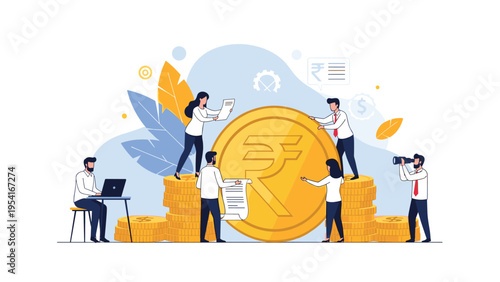 Professional team works together around a giant indian rupee coin to manage wealth, investments, and financial planning.