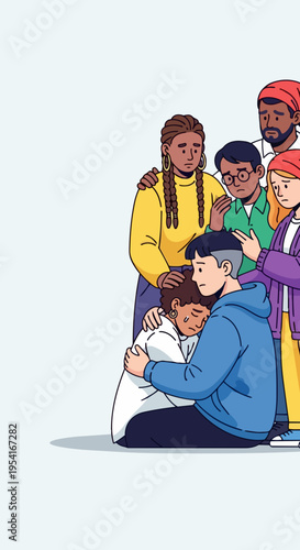 Diverse group provides emotional support to sad person. Friends and peers offer understanding. Emotional support helps individuals cope, fostering mental well being. Concept for community care,