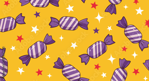 Fun seamless pattern of purple wrapped candies and colorful stars scattered over a bright yellow background.