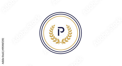 Circular emblem with laurel wreath and letter P