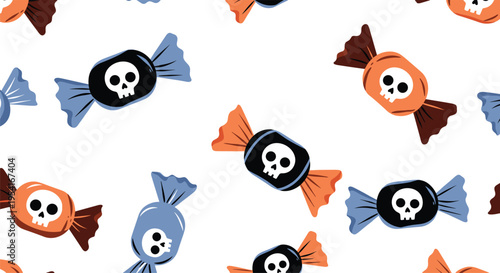 Festive Halloween candy pattern with colorful wrapped sweets featuring spooky white skull faces on a plain white surface.