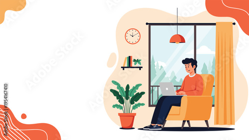 Man sitting in a comfortable armchair using a laptop computer while working from home in a cozy living room environment.