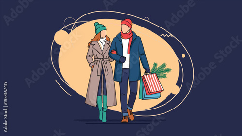 Stylish couple wearing warm winter coats walking through a park while carrying colorful shopping bags after a holiday sale.