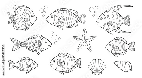Underwater world collection with various fish species, a starfish, and sea shells in detailed black and white line art.