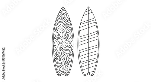 Pair of surfboards featuring intricate swirl and geometric patterns in a clean black and white outline for coloring.