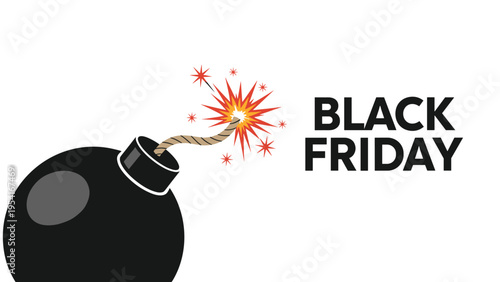 Black friday sale promotion featuring a cartoon bomb with a burning fuse and bold text over a clean white background.