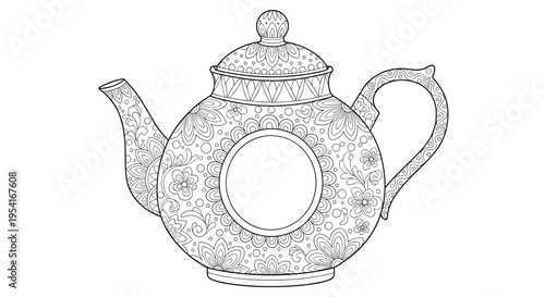 Beautifully decorated teapot with detailed floral and geometric patterns in a black and white line art style for coloring.
